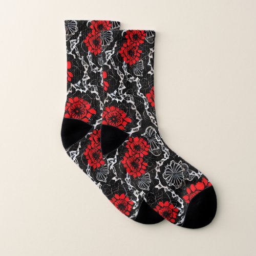 Red Flowers and Black Lace Seamless Pattern Socks