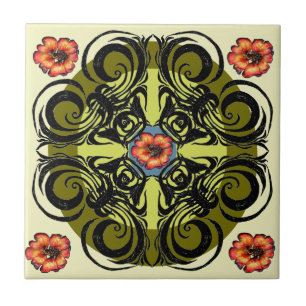 Red Flowers and Black Retro Tiles