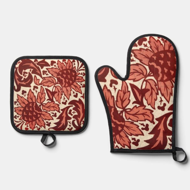 Red Flowers and Fruit Antique Pattern Oven Mitt & Pot Holder Set (Front)