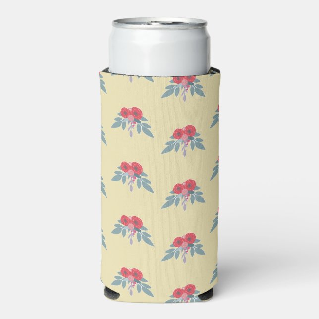 Red flowers and green leaves on brown  seltzer can cooler (Seltzer Front)