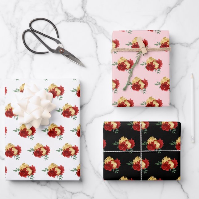 Red Flowers and Greenery Pattern Wrapping Paper Sheets (Front)