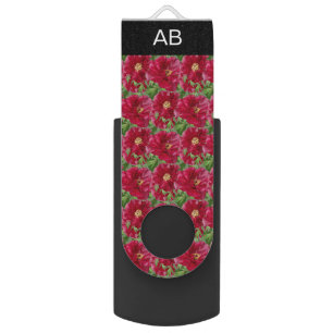 Red flowers and monogram on black stripe flash drive