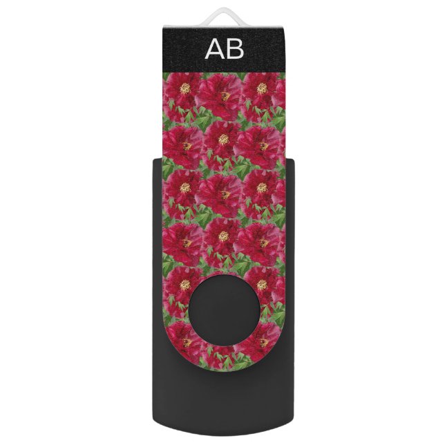 Red flowers and monogram on black stripe flash drive (Front Vertical)