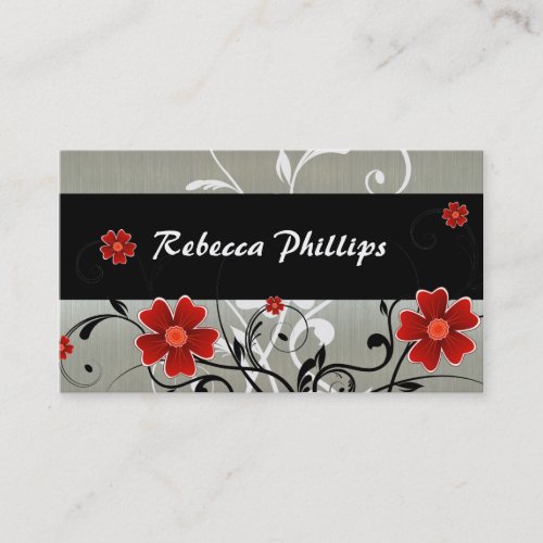 Red Flowers and Silhouette on Silver Business Card