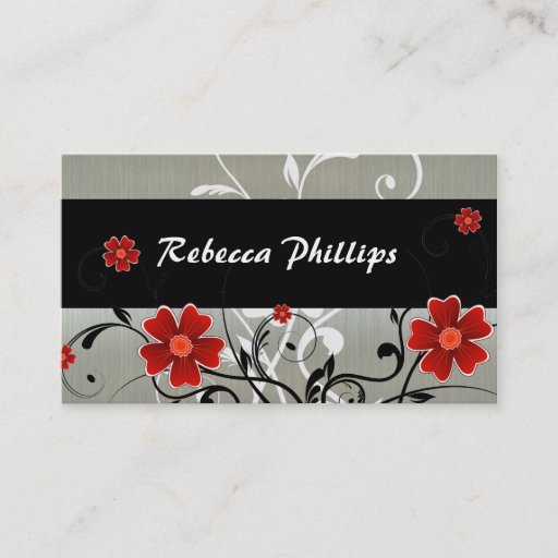 Customizable Red Flowers and Silhouette on Silver Business Card