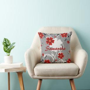 Red Flowers and Silhouette Throw Pillow