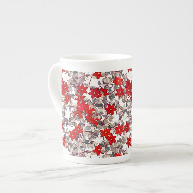Red flowers and silver gray leaves bone china mug (Front Left)