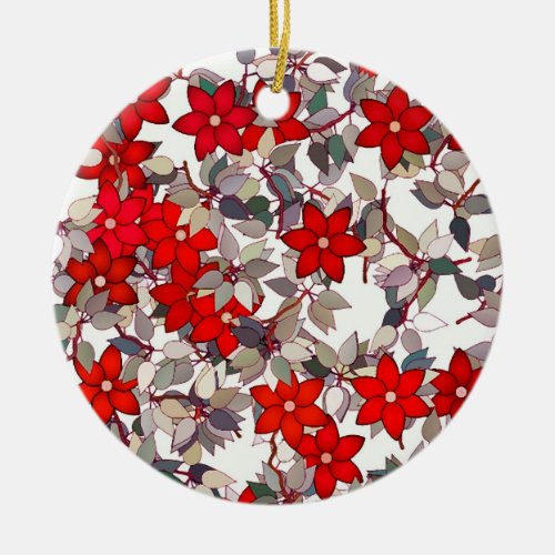 Red flowers and silver gray leaves ceramic ornament