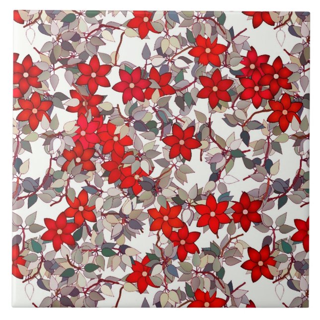 Red flowers and silver gray leaves ceramic tile (Front)