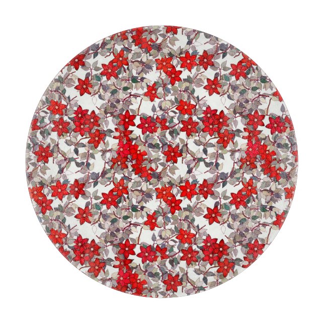 Red flowers and silver gray leaves cutting board (Front)