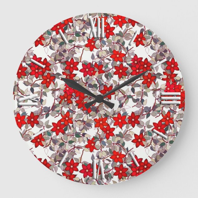 Red flowers and silver gray leaves large clock (Front)