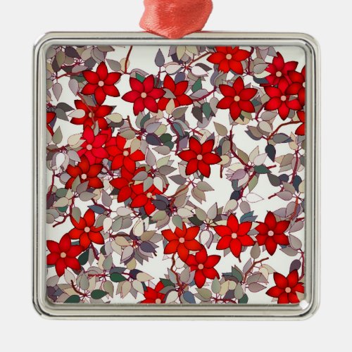 Red flowers and silver gray leaves metal ornament