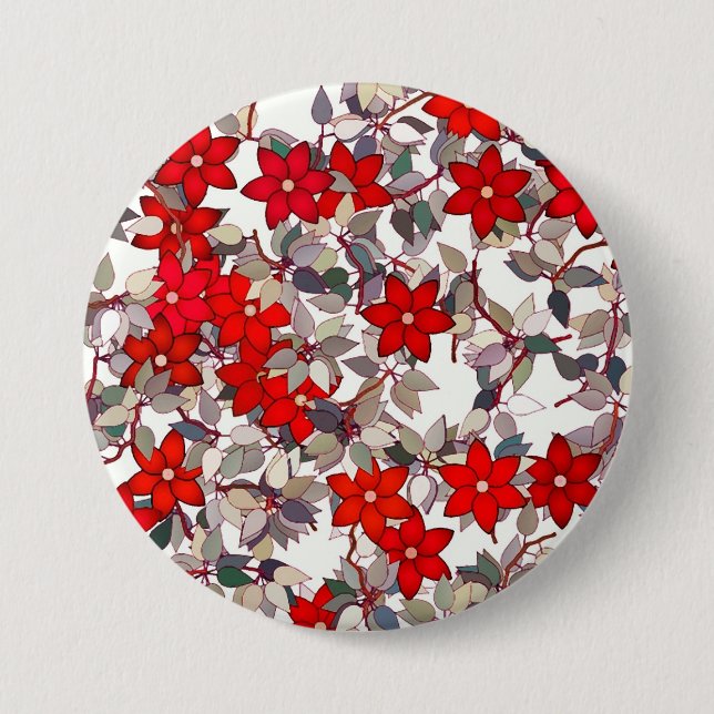 Red flowers and silver gray leaves pinback button (Front)
