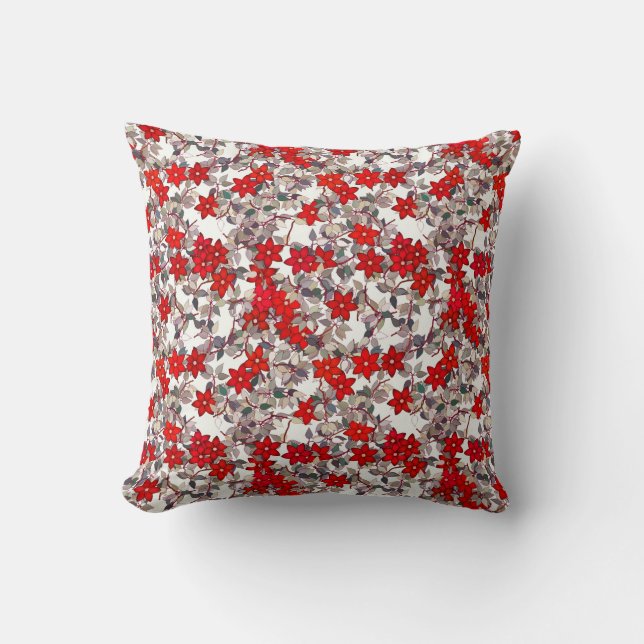 Red flowers and silver gray leaves throw pillow (Front)