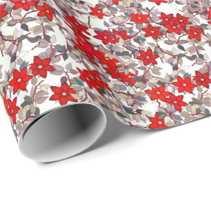 Red flowers and silver gray leaves wrapping paper