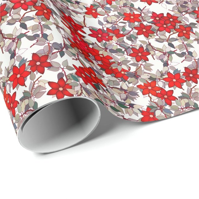 Red flowers and silver gray leaves wrapping paper (Roll Corner)