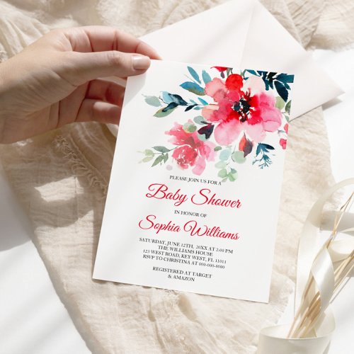 Red Flowers Baby Shower Invitation