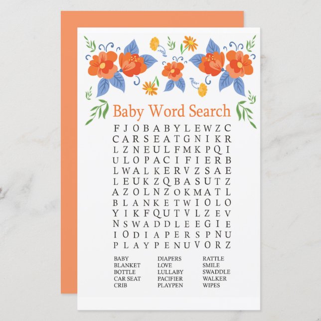 Red flowers Baby Shower Word Search Game (Front/Back)
