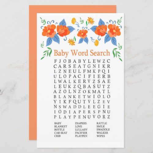 Red flowers Baby Shower Word Search Game