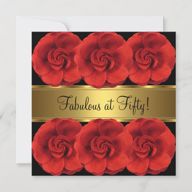 Red Flowers Black Gold Fabulous 50th Birthday Invitation (Front)