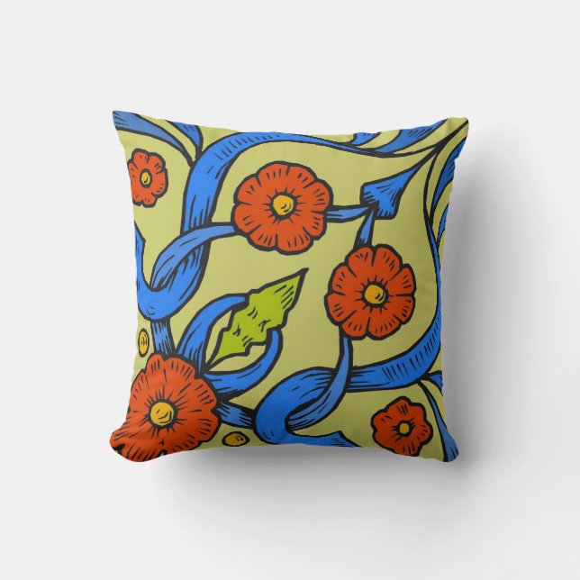 Red Flowers blue ribbons Throw Pillow (Front)