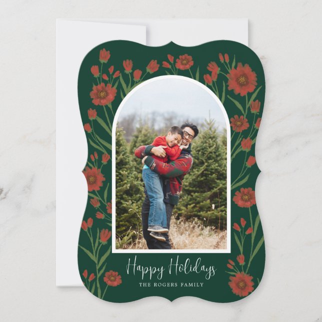 Red Flowers Boho Arched Photo Merry Christmas Card (Front)