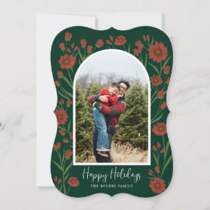 Red Flowers Boho Arched Photo Merry Christmas Card