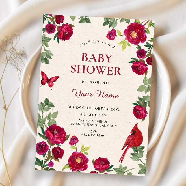 Red flowers branch baby shower invitation (Creator Uploaded)