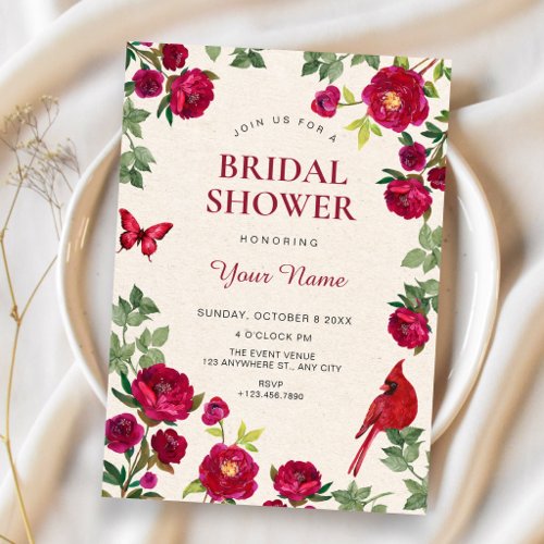 Red flowers branch bridal shower invitation