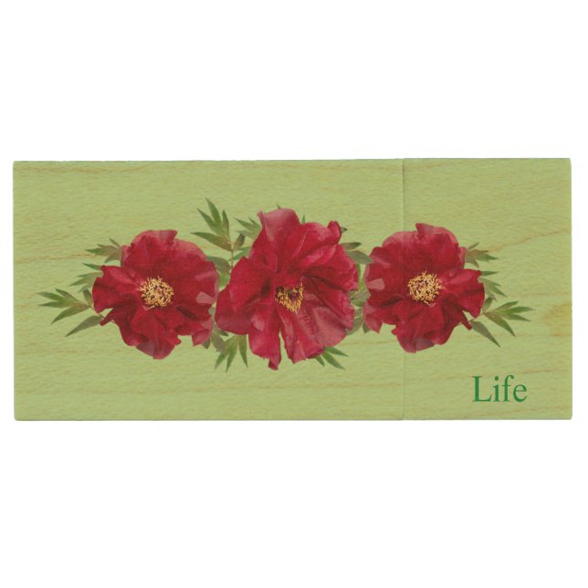 Red flowers & calligraphy on light green wood flash drive (Front)