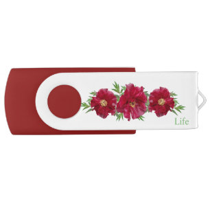 Red flowers & calligraphy on white flash drive