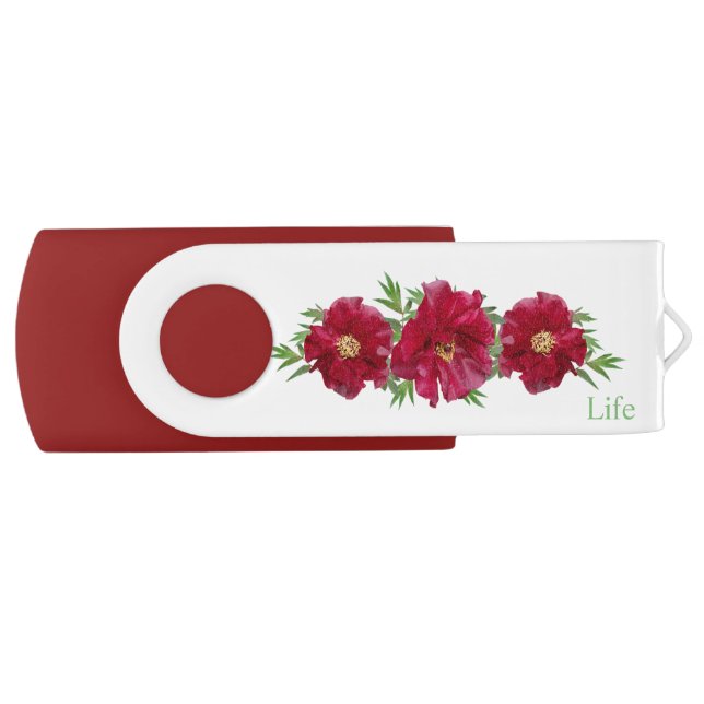 Red flowers & calligraphy on white flash drive (Front)