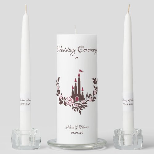 Red Flowers Castle Fairytale Wedding Themed Unity Candle Set