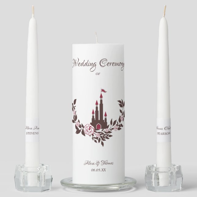 Red Flowers Castle Fairytale Wedding Themed Unity Candle Set (Front)