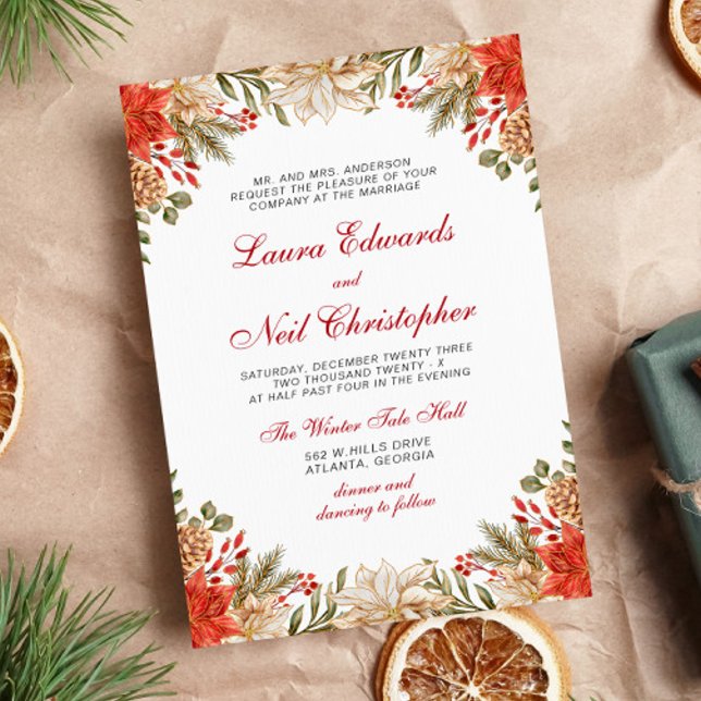 Red Flowers Chrismas Winter Wedding  Invitation (Creator Uploaded)