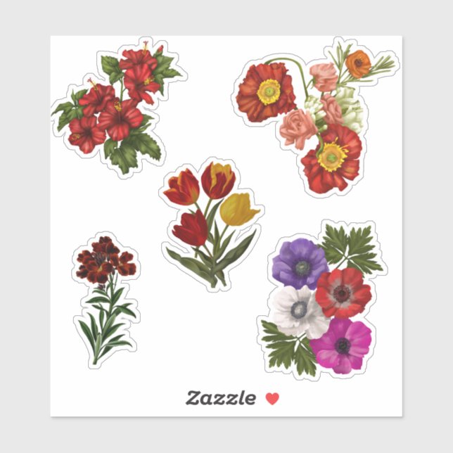 Red Flowers Custom-Cut Vinyl Stickers (Sheet)