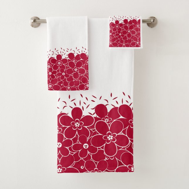 Red flowers daisies on white background  bath towel set (Insitu)