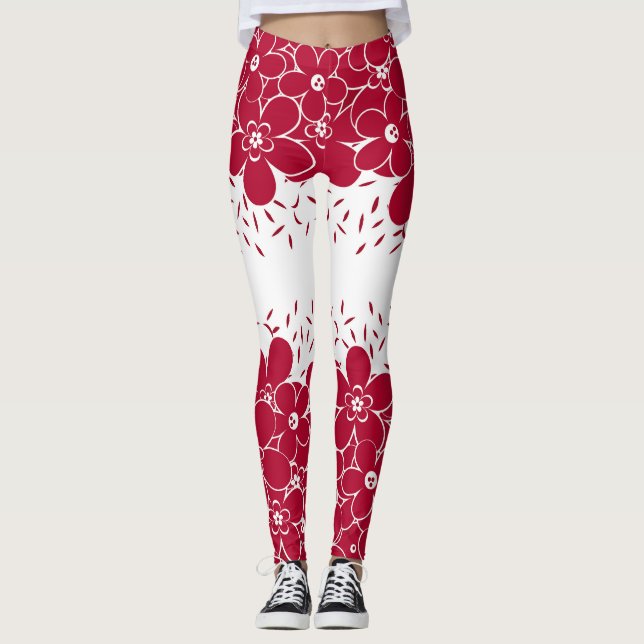 Red flowers daisies on white background   leggings (Front)