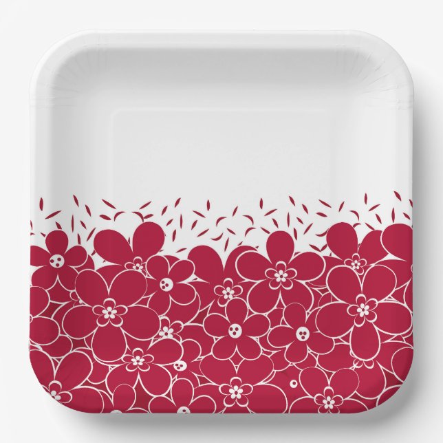 Red flowers daisies on white background  paper plates (Front)
