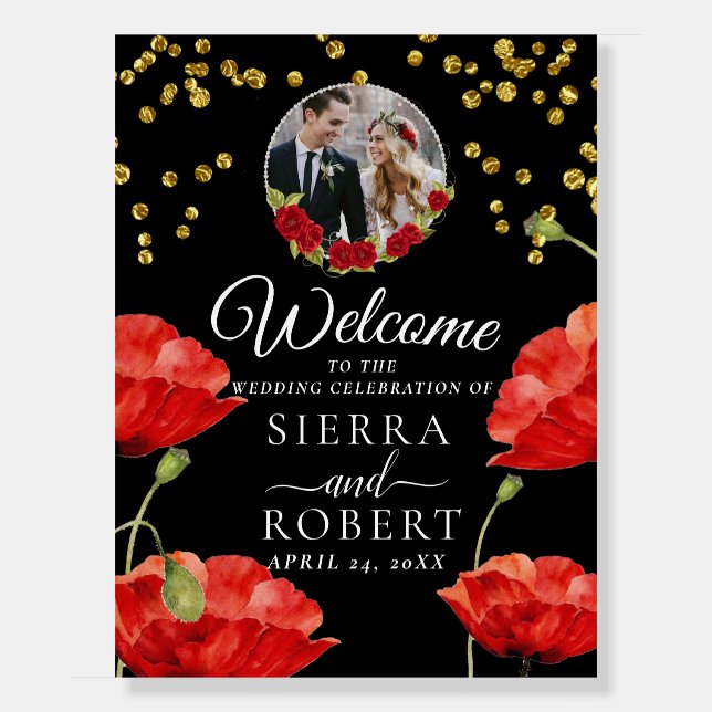 Red Flowers Elegant Wedding Welcome Sign (Front)