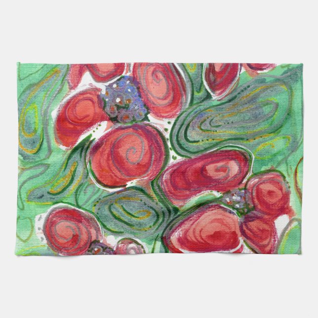 Red Flowers Fantasy Kitchen Towel (Horizontal)