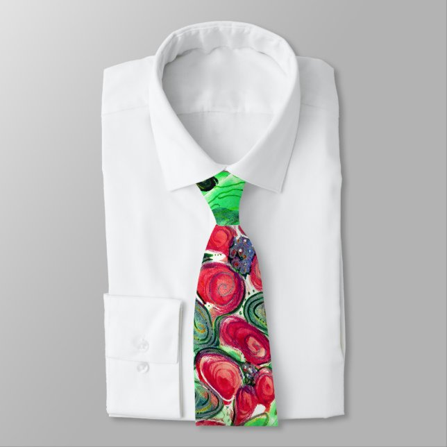 Red Flowers Fantasy Mini Neck Tie (Tied)