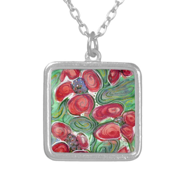 Red Flowers Fantasy Silver Plated Necklace (Front)