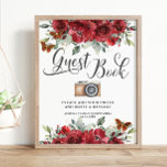 Red Flowers Floral Birthday Guest Book Photo Sign<br><div class="desc">Elegant red floral guest book photograph sign.  Perfect for Quinceañera,  Sweet 16,  18th birthday,  twins birthday and more occasions.  Matching items available in store!  (c) The Happy Cat Studio</div>