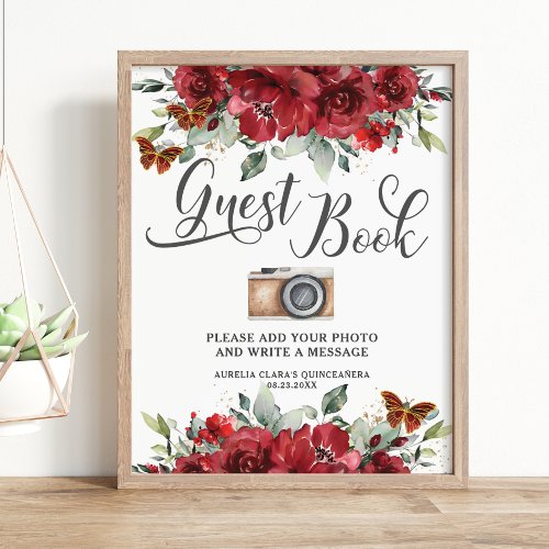 Red Flowers Floral Birthday Guest Book Photo Sign