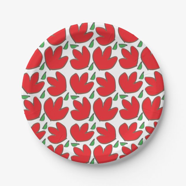 Red Flowers Floral Pattern Birthday Paper Plates (Front)