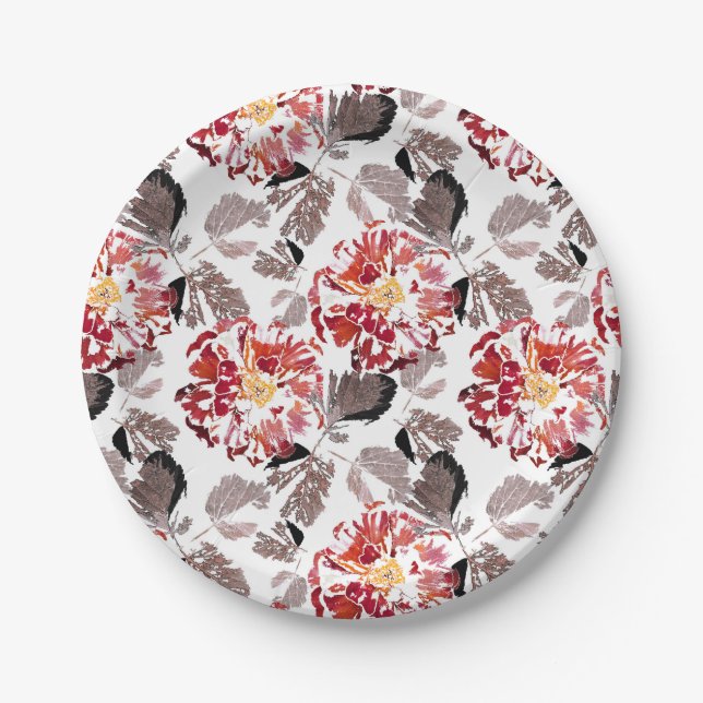 Red flowers, floral, retro, red and white paper plates (Front)