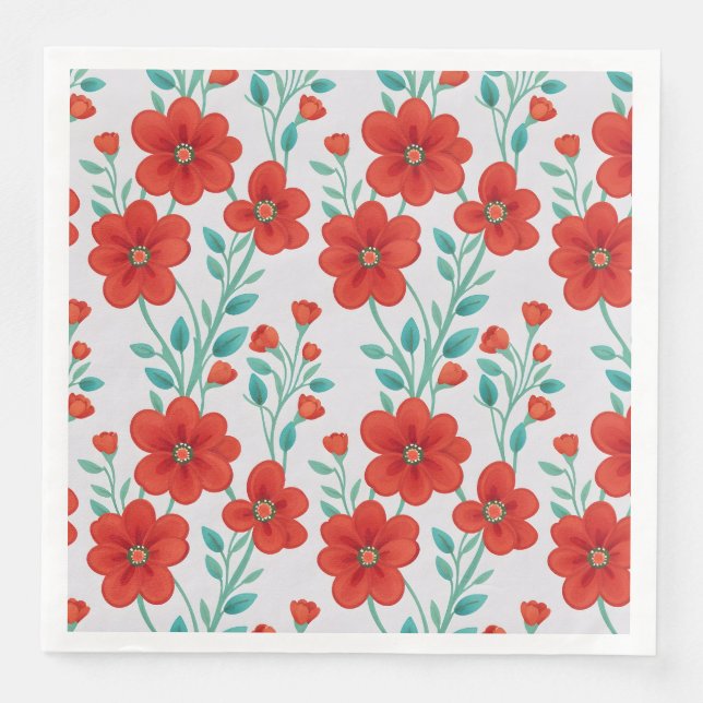 Red Flowers Floral Seamless Pattern Paper Dinner Napkins (Front)