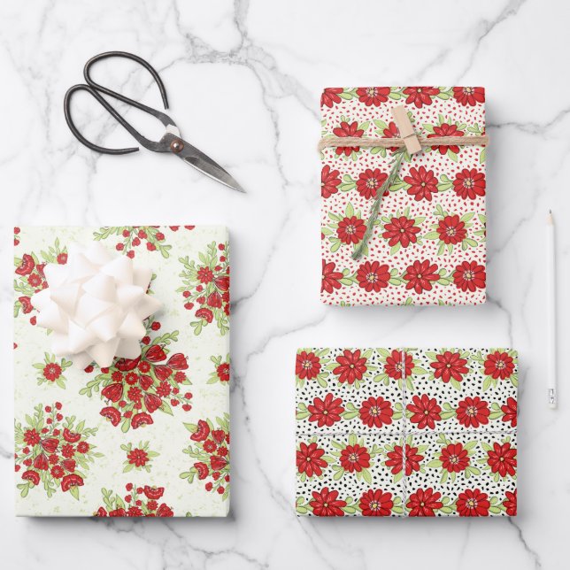 Red Flowers Floral Summer Wrapping Paper Sheets (Front)
