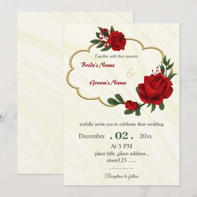 red flowers foliage gold wreath wedding invitation (Front/Back)